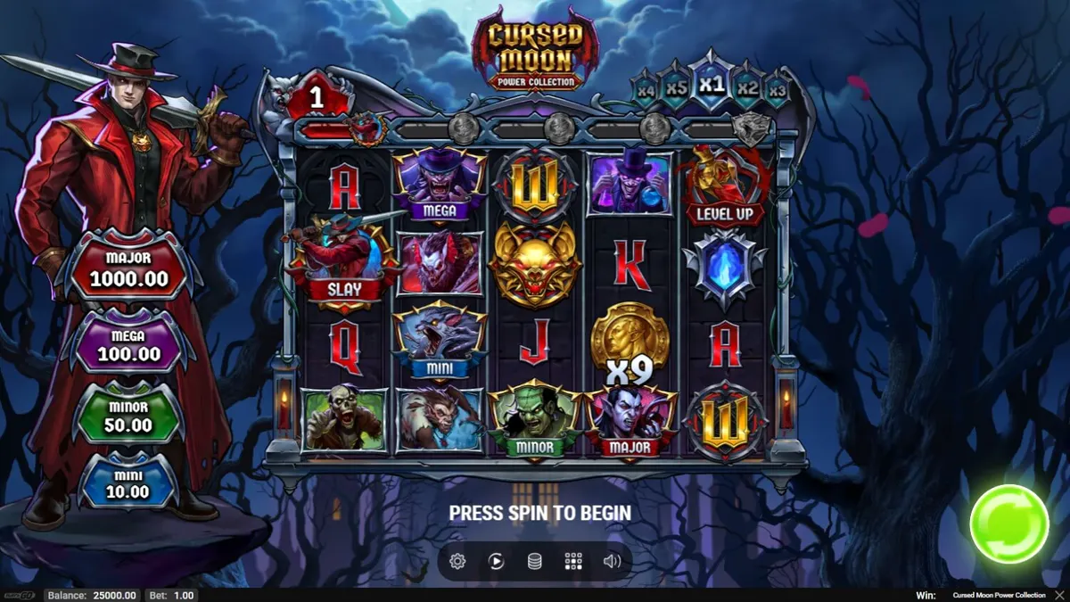 Pemandangan atmosferik dari slot Cursed Moon Power Collection dengan estetika horor gotik