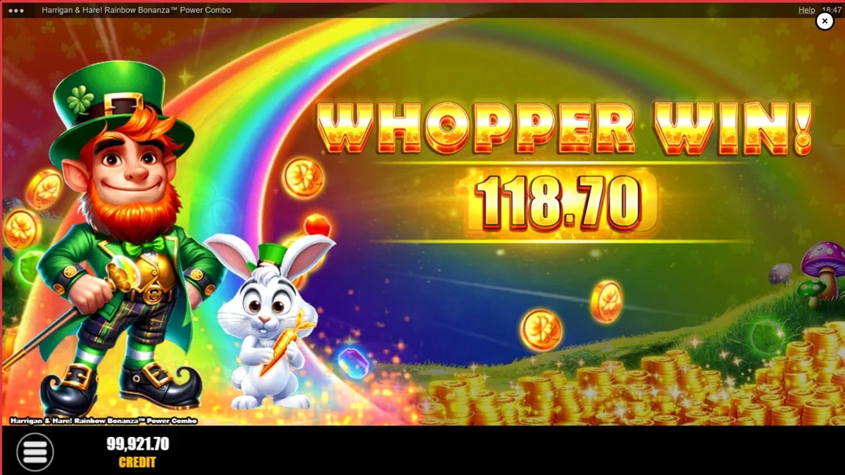 Tampilan visual slot Harrigan & Hare Rainbow Bonanza Power Combo dengan latar belakang perbukitan Irlandia yang hijau.